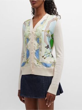 Tory Burch Carousel Silk Front Cardigan Sweater Wool French Cream Medium M